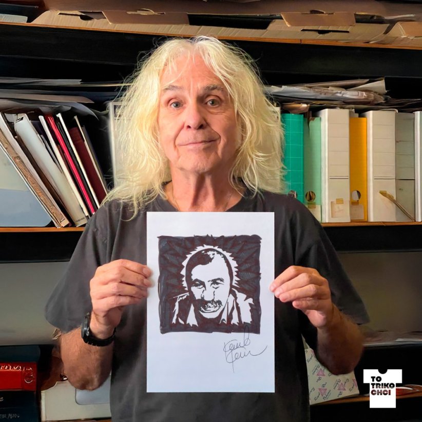 Karel Kopic a originál ručně kresleného motivu Muž s punčochou
